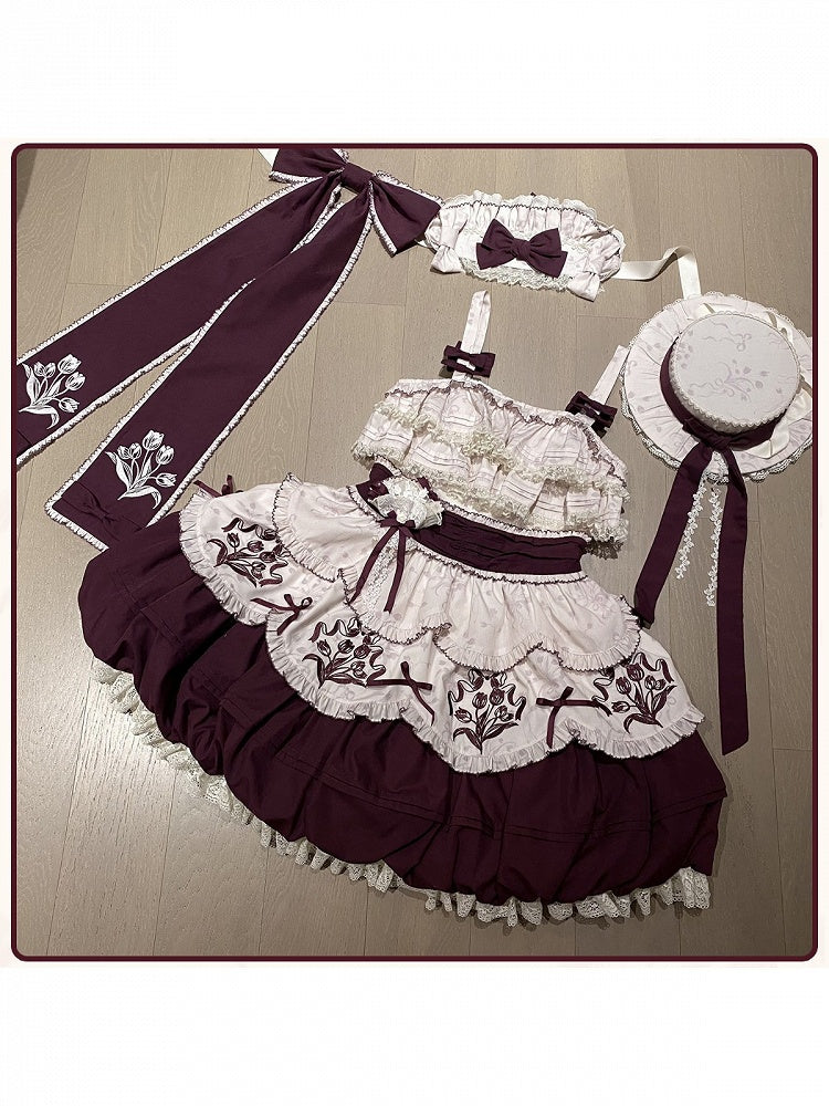 Classic Tulip Floral Embroidered Jacquard Lolita JSK Short Bubble Skirt Dress - Whispering Roses