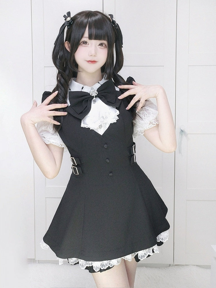 Jabot Black Jirai-Kei Plaid Short Sleeve Gown with Lace Bow Accents + Matching Shorts Set - Puzzles
