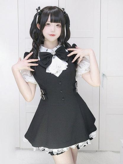 Jabot Black Jirai-Kei Plaid Short Sleeve Gown with Lace Bow Accents + Matching Shorts Set - Puzzles