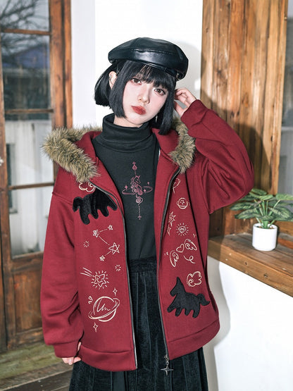 Fleece-lining Long Black with Print Top High-neck Unicorn Sleeve