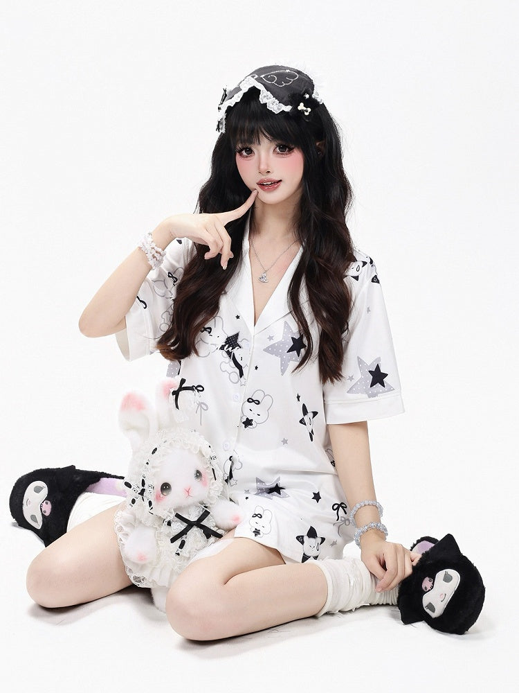 White Daily Kawaii Bunny Print Loungewear Set Short Sleeve Top Shorts - CRAZY GIRL