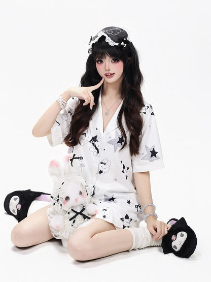 White Daily Kawaii Bunny Print Loungewear Set Short Sleeve Top Shorts - CRAZY GIRL