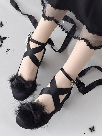 Faux Snap High Bead Mary Block with Charm - Black Clusters Janes Bow Heel Satin Elegant Fur Lolita