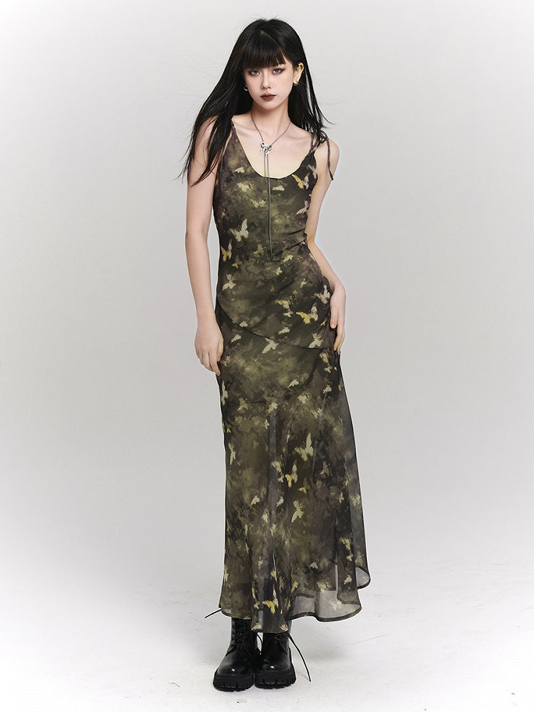 Tie-Strap Adjustable Print with Slip Green Butterfly Dress Ankle-Length Gothic