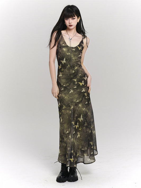 Tie-Strap Adjustable Print with Slip Green Butterfly Dress Ankle-Length Gothic
