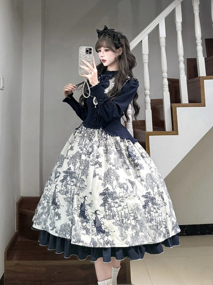 Piece Animals Lolita White Print Long-Sleeve One Dark Elegant Blue Forest
