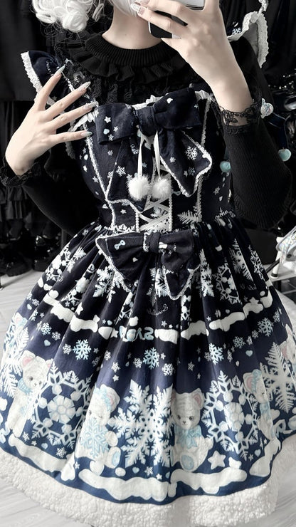 Winter Sweet Lolita Black-Dark Blue Gradient Dress with Teddy and Snowflake Print