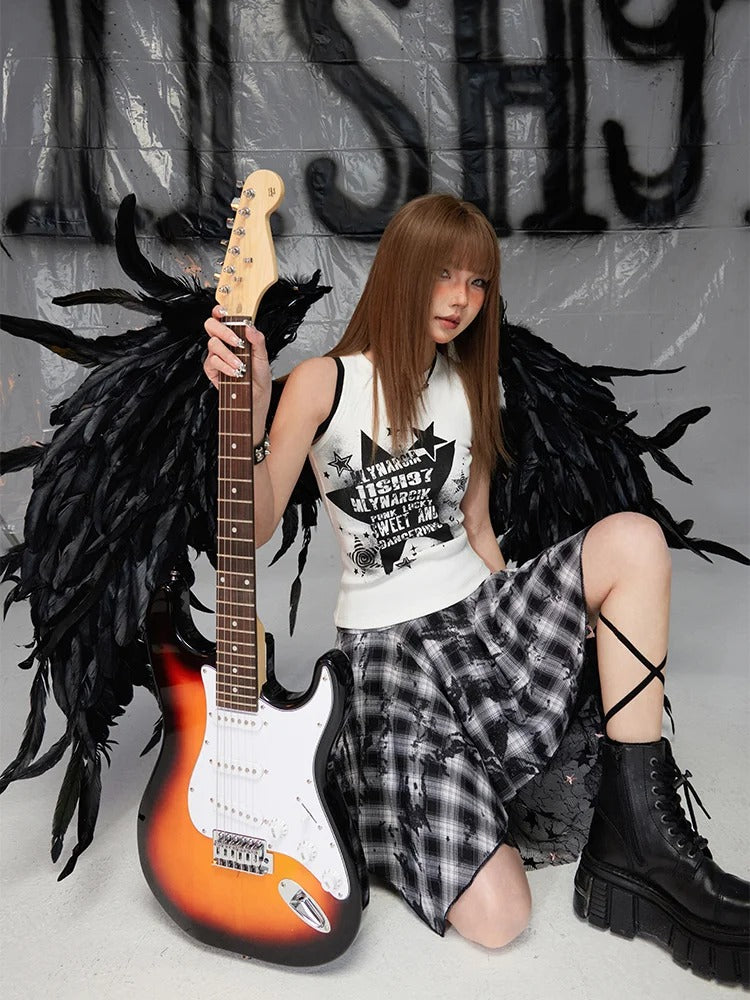 Y2K Mesh Handkerchief Black and White Plaid Hem Glamorous Skirt