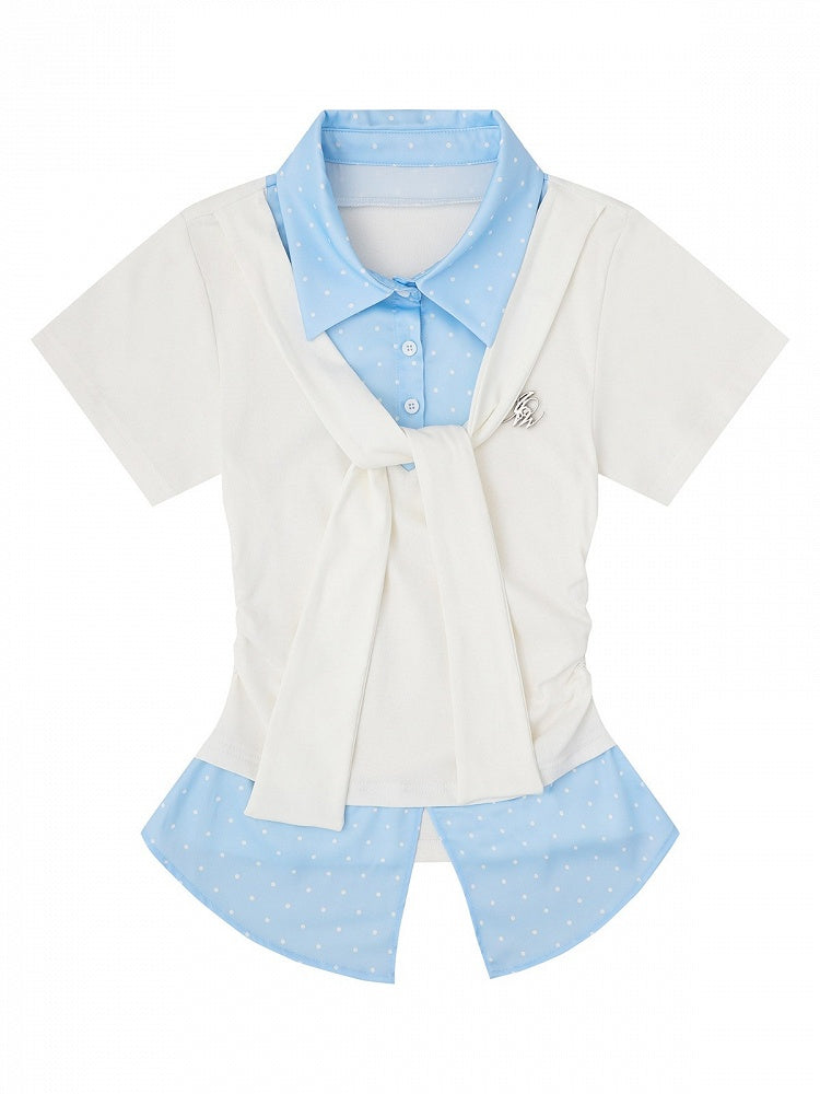 Tie-Detail Waist-Cinched Faux Layered Top in Blue and White Dot Print - Languid Park