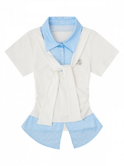 Tie-Detail Waist-Cinched Faux Layered Top in Blue and White Dot Print - Languid Park