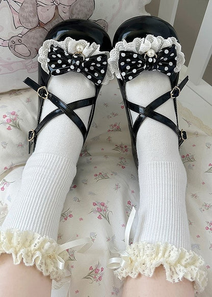 Snap Bow Mary with Heart-shaped Polka Janes Dot Lolita Low-heel Sweet 2.5cm Black