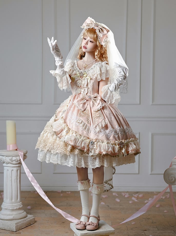 Bead Bow Accents Dress Rhinestone Lolita Pink Princess and
