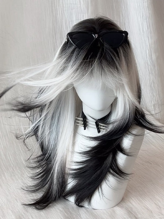 Bangs Ombre Black Straight White with Wig Full 60CM