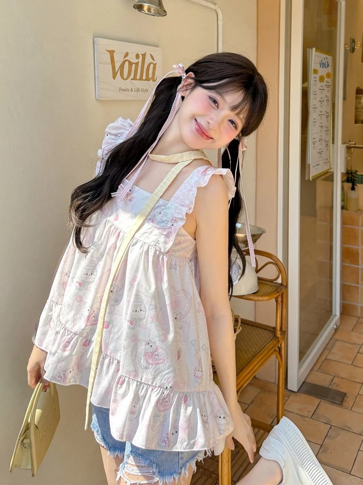 Drucken Sie süße rosa Flatterärmel Allover ärmelloses Top Kitty