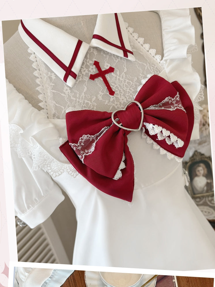 White Print Dress Lace Kawaii and Embroidered Skirt with Red Cross Shoulders Cutout Yami Heartbeat Halter