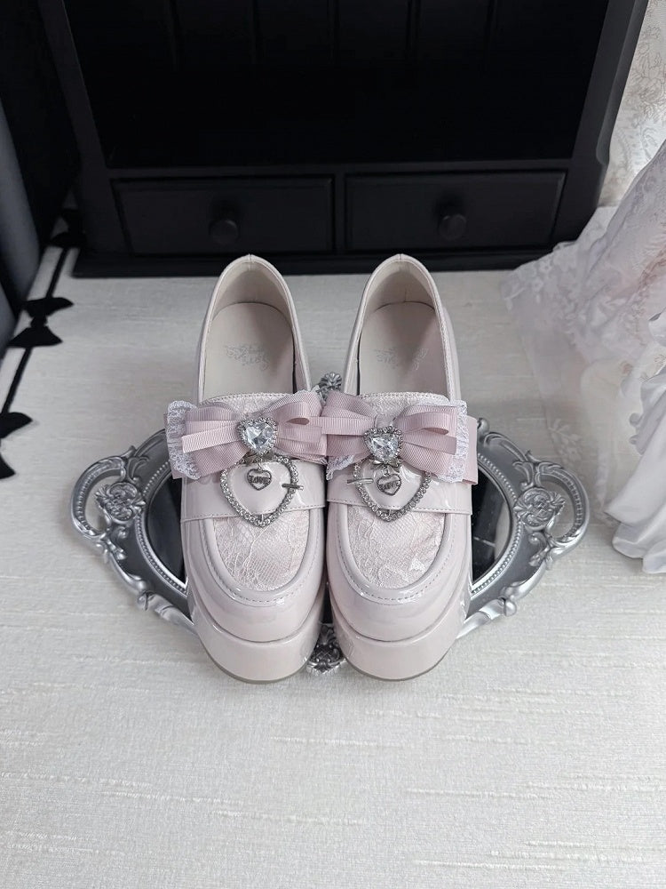 Bow Dusty Kei with 9.5cm Heel Jirai Shoes: Heart Platform Block Pink Top Rhinestone