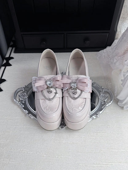 Bow Dusty Kei with 9.5cm Heel Jirai Shoes: Heart Platform Block Pink Top Rhinestone