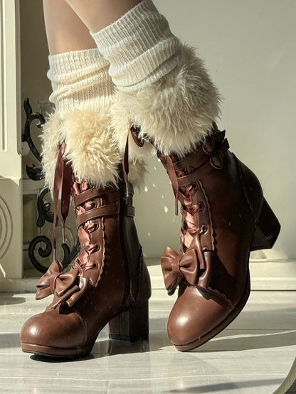Bow Accents Boots - Mid-Calf Elegant Lolita Brown