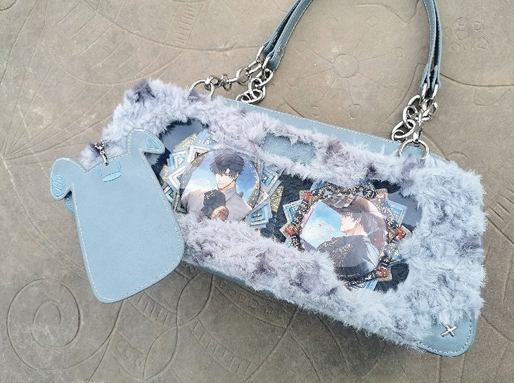 Grey and Blue Plush Ita Bag with Puppy Charm - Daylight