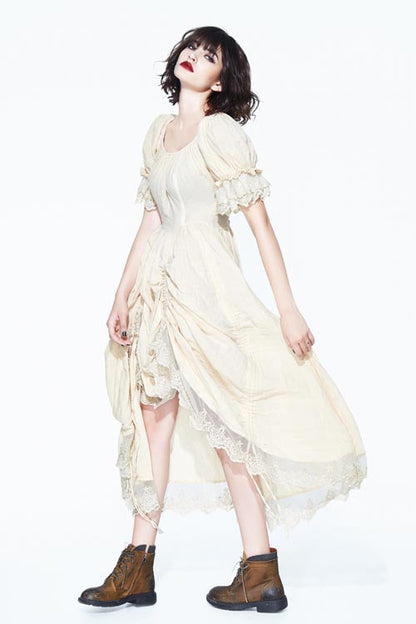 Creamy White Punk Victorian Drawstring Embroidered Lace Dress for Women