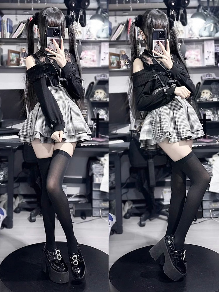 Knit Buckle Black Kei Illusion Sweater: Design Off-Shoulder Jirai Neckline