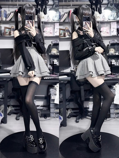 Knit Buckle Black Kei Illusion Sweater: Design Off-Shoulder Jirai Neckline