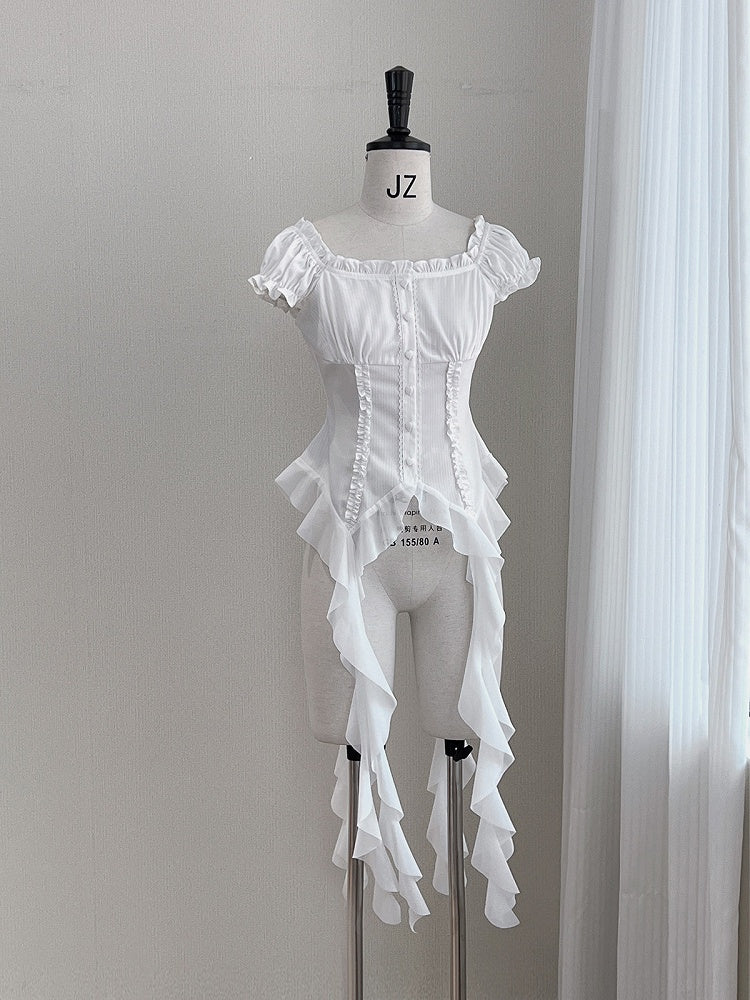 Ruffle Short Sleeve Blouse with Asymmetric Hem - Tan Tuan