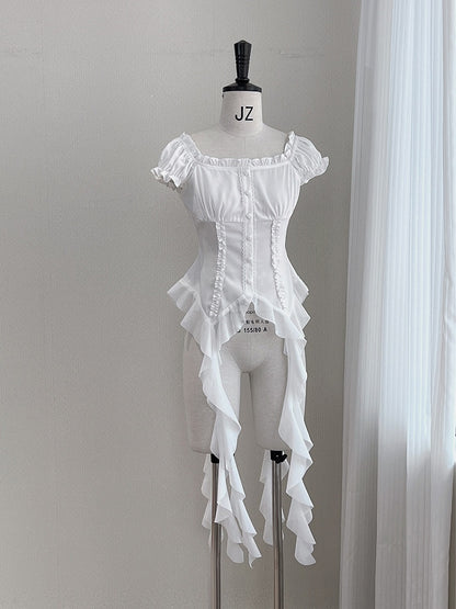 Ruffle Short Sleeve Blouse with Asymmetric Hem - Tan Tuan