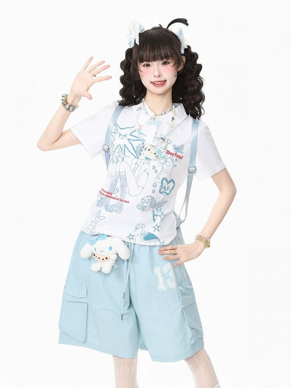White Turn-Down Collar Tee with Anime Graphic - Languid Park