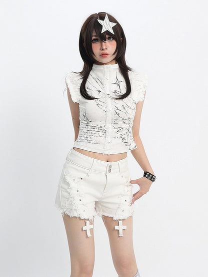 Sweet Kawaii White Distressed Shorts with Rivet and Cross Decor - Catwish