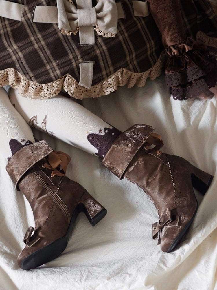 Convertible Scalloped Brown Bow High-heel in Boots Trim Top Boot Delicate Top， Elegant Lolita