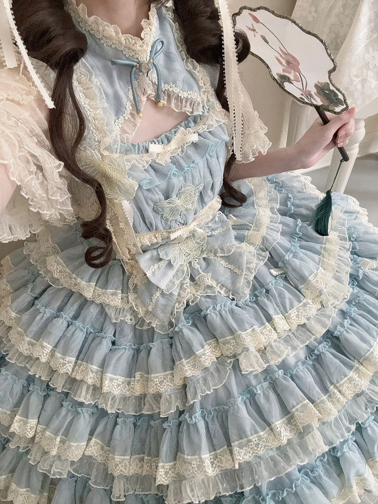 Spitze mit Lolita-Details, Stickerei und gestuftem Goldfischkleid, süße Rüschen, Blau