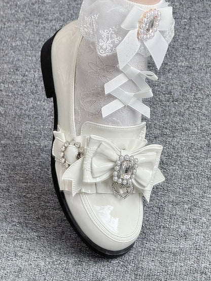 Leather Heels Rhinestone Bead PU Kei with Low Bow Jirai Polished White
