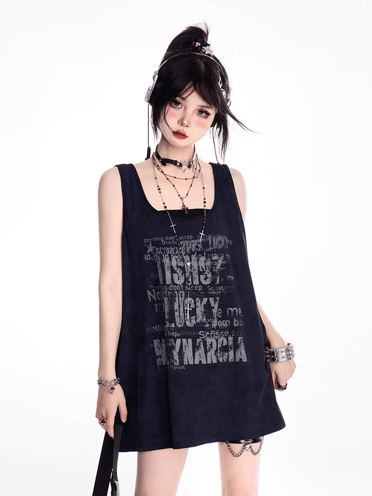 Schwarzes Oversize-Tanktop mit Rundhalsausschnitt und Buchstaben-Print