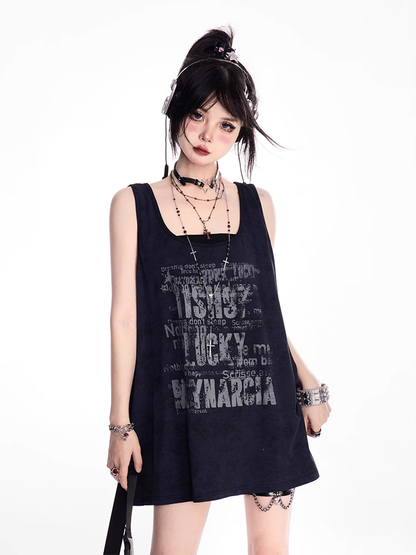 ブラック スクープネックライン レタープリント オーバーサイズ タンクトップ