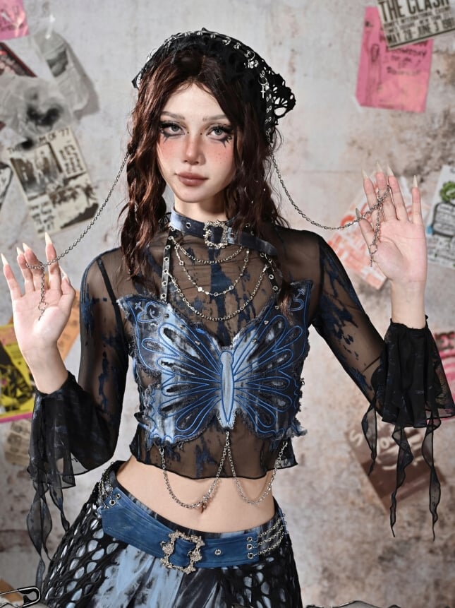 Grunge Punk Rock Fairycore Blau und Schwarz Glockenärmel Mesh Top