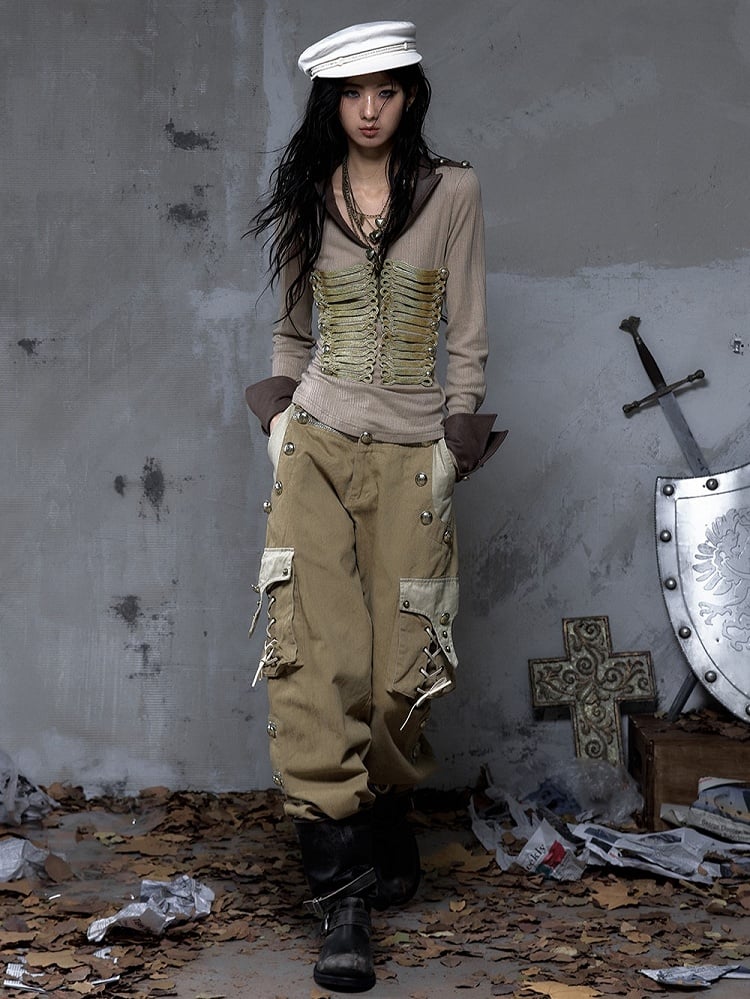 Punk Vintage Pockets Pants 3D with Khaki Cargo Dual-Tone Buttons