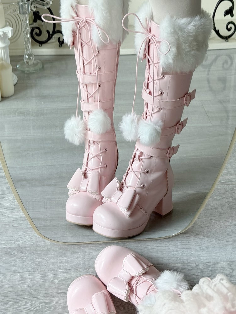 Multi-Closure Boots Pompom PU Plush Laces Sakura - System with Pink Collar Elegant Lolita Knee-High