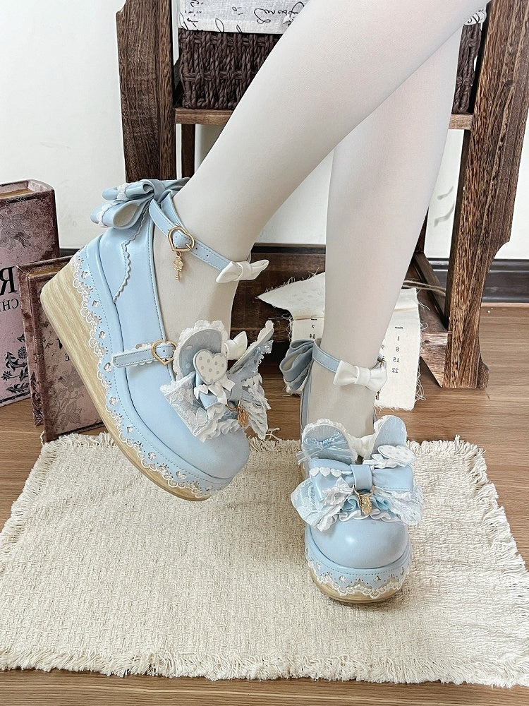 Blue White Rabbit Bowknot Heart Lace Lolita Shoes - Cheese Mango