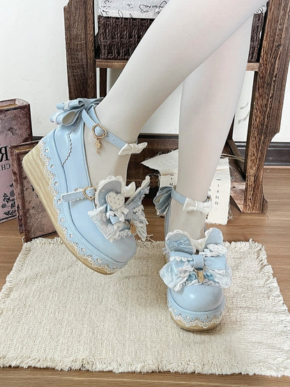 Blue White Rabbit Bowknot Heart Lace Lolita Shoes - Cheese Mango