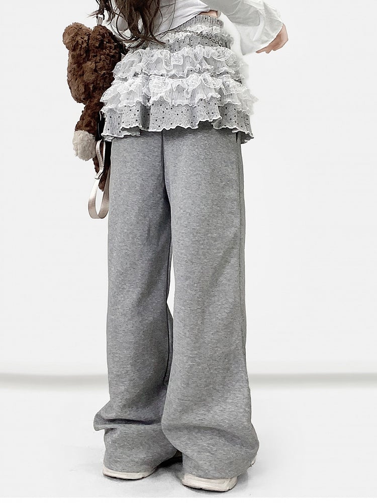 ドット柄パンツトリムY2K+レーススカートティアードカットビタースイート柄グレーワイドレッグ