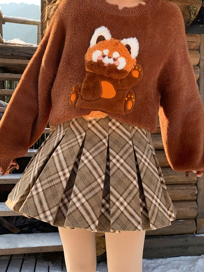 Brown High Waist Plaid Box Pleat Skirt