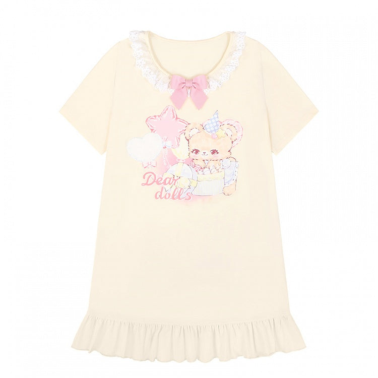 Adorable Teddy Bear Print Bowknot Ruffled Dress Neckline Embellished Pink/Yellow Mini