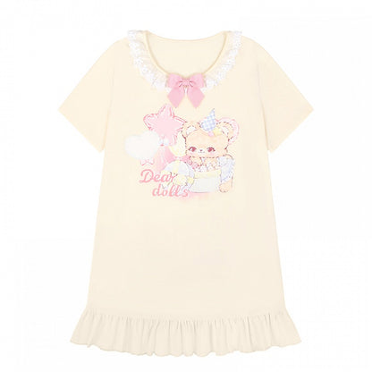 Adorable Teddy Bear Print Bowknot Ruffled Dress Neckline Embellished Pink/Yellow Mini