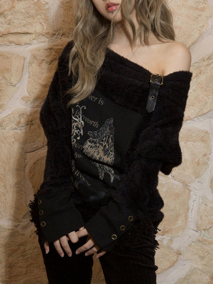 Punk Print Wing Off-Shoulder Strap Knit Top with Sleeves Batwing Black Buckle