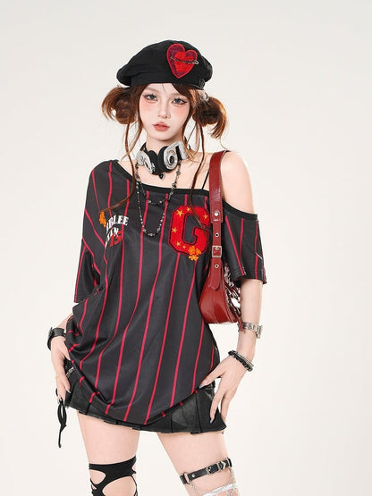 Asymmetrical Neckline Blokette Core White/Black Striped T-shirt