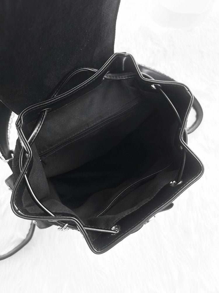 Jirai Kei Backpack with Heart Pendant, Lace Flap, Studs & Bowknot - Miao Lei Dian Bo