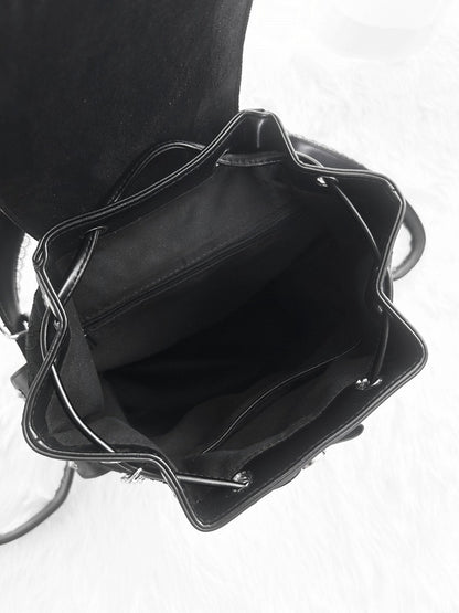 Jirai Kei Backpack with Heart Pendant, Lace Flap, Studs & Bowknot - Miao Lei Dian Bo