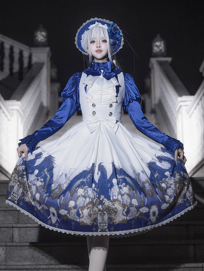 Cross and Blue Gothic Lace Trim with Skeleton Print Lolita Under Bust Dress White