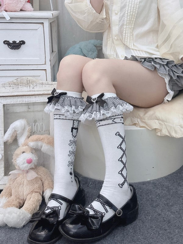 White Cuffs Ruffled Black Underknee Print With Bowknot Lolita Striped Stockings